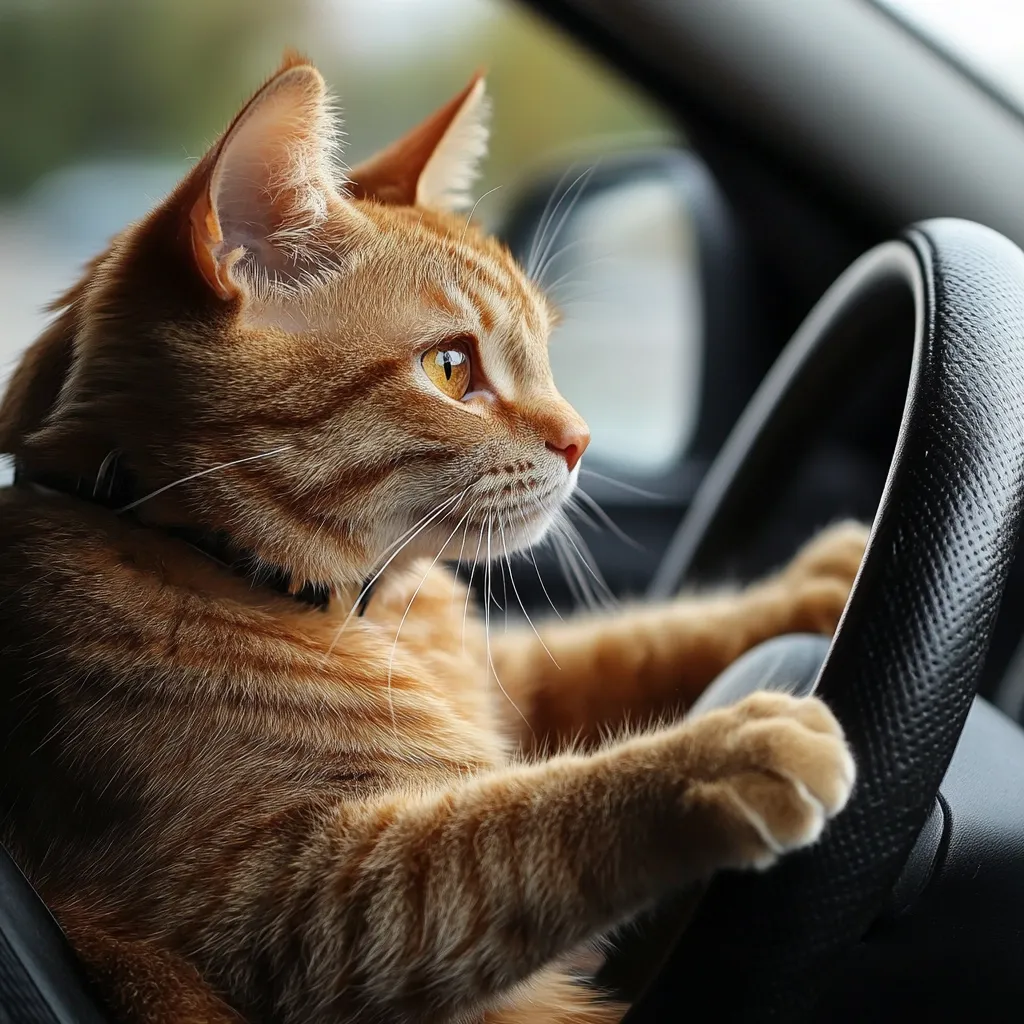 A ginger cat, wearing a black collar, sits behind the wheel of a car, its paws gripping the steering wheel.  The cat's gaze is directed to the side, suggesting it's observing something outside the vehicle.  The scene is captured from a close-up perspective, emphasizing the cat's focused expression and the texture of its fur. The interior of the car is dark, contrasting with the cat's bright orange coat.