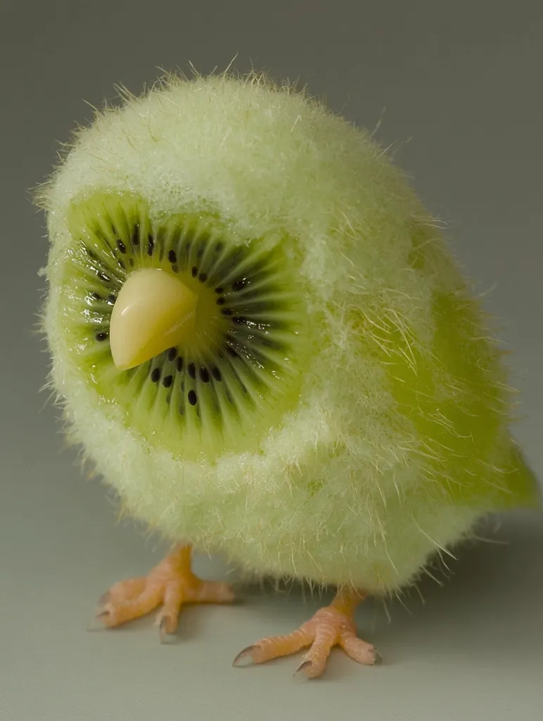 A whimsical image depicts a kiwi fruit creatively fashioned into a fluffy chick.  The kiwi's sliced center forms the chick's face, with the yellow core acting as a beak.  The fuzzy exterior of the kiwi resembles soft downy feathers, and small orange feet are added for a complete avian effect.  The overall impression is one of playful artistry and unexpected food presentation.