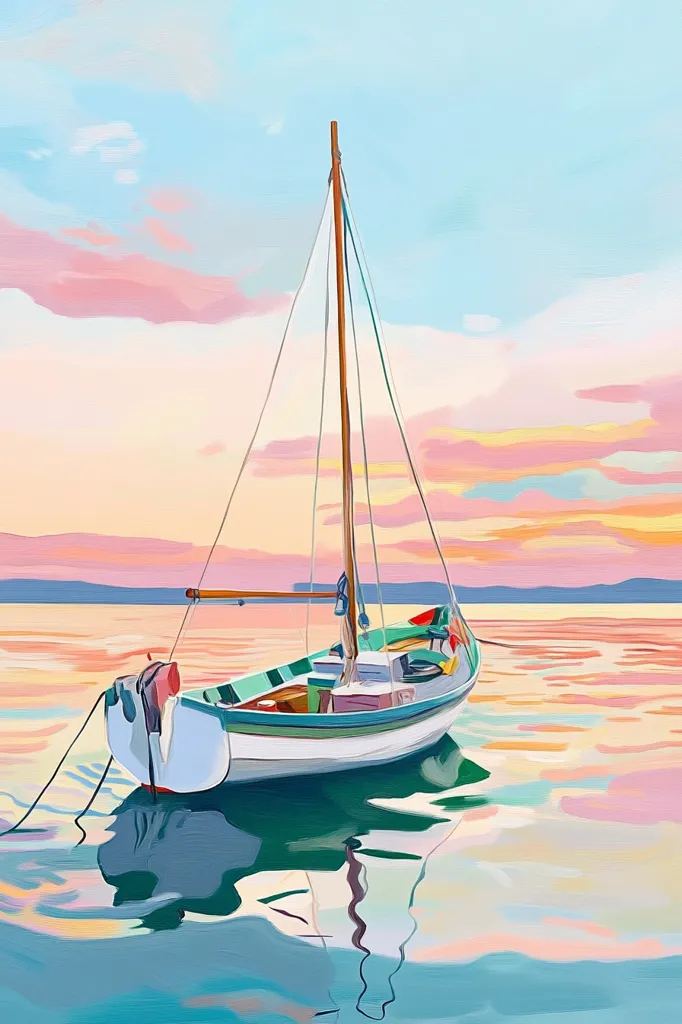 A small sailboat rests peacefully on calm water at sunset.  The sky is a soft blend of pastel pinks, oranges, and blues, reflected in the tranquil surface. The boat is painted in muted greens and whites, its mast reaching towards the colorful sky. The scene evokes a sense of serenity and quietude.