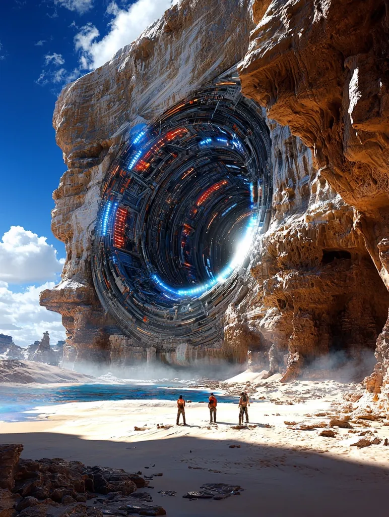 A colossal, futuristic ring-shaped structure, glowing with blue and orange lights, is nestled within a rocky, desert cave.  Three figures stand on a sandy beach in the foreground, dwarfed by the immense scale of the technology.  The scene is a dramatic blend of natural and artificial elements, under a vibrant blue sky.  A body of water lies between the beach and distant rock formations, creating a visually striking and otherworldly landscape.