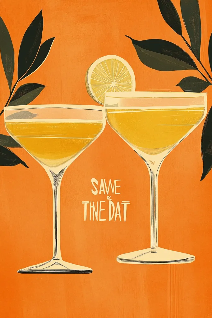 A stylized illustration features two coupe glasses filled with a golden yellow beverage, possibly a cocktail.  A lemon slice rests atop the glasses.  Dark green stylized leaves flank the glasses against a vibrant orange background. The phrase "SAVE THE DATE" is written in a simple font. The overall style is mid-century modern with a slightly vintage feel.