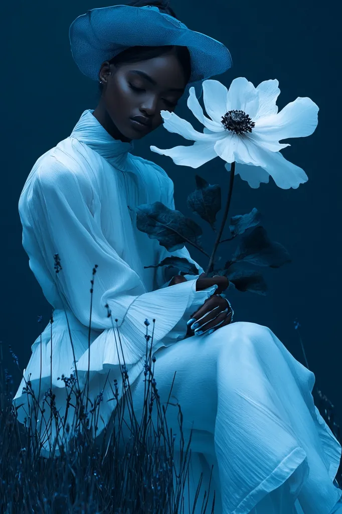 A dark-skinned woman in a light blue, pleated dress and matching hat sits serenely amidst tall grass.  She holds a large, white flower, its petals delicate and softly illuminated. The overall mood is calm and ethereal, with a monochromatic blue palette dominating the image. The scene is evocative and visually striking, suggesting a sense of quiet contemplation.