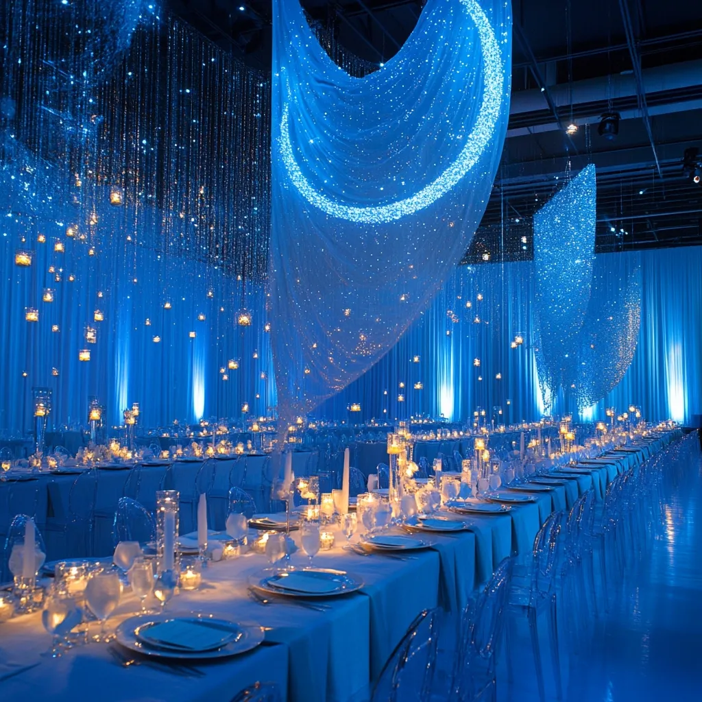 A breathtaking wedding reception venue is adorned in a celestial theme.  Long tables draped in blue linens are illuminated by candlelight and centerpieces.  The ceiling features shimmering blue fabric, creating a starry night effect enhanced by hanging votive lights.  Transparent ghost chairs add a modern touch to the magical ambiance.