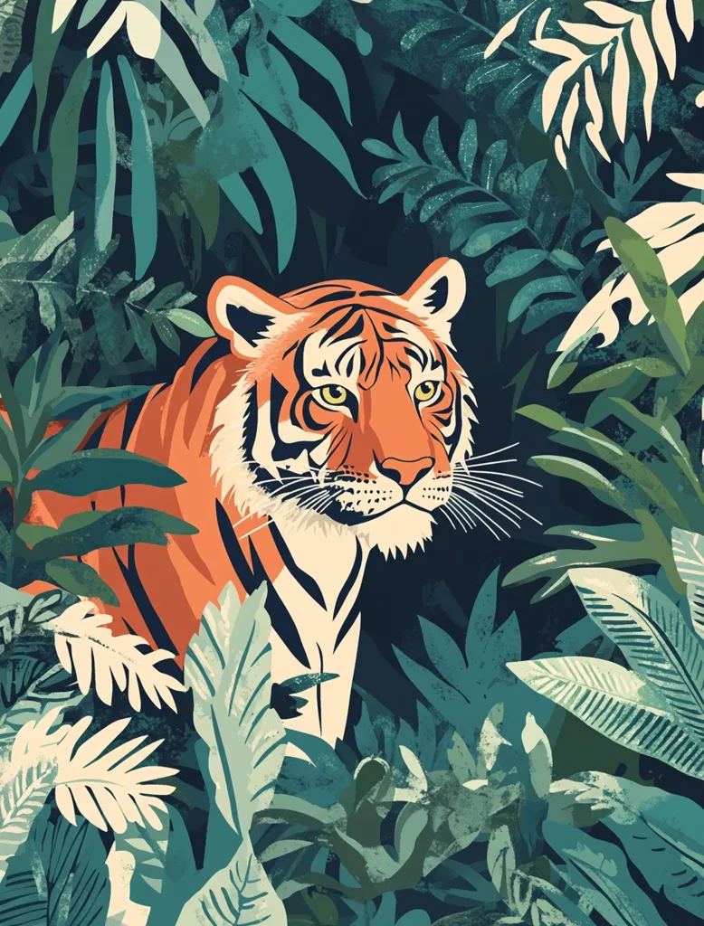 A majestic tiger, its orange and white stripes vibrant, peers from a dense jungle.  Lush, stylized tropical foliage surrounds the creature, creating a sense of mystery and hidden beauty.  The artwork uses a bold color palette of deep greens and oranges, contrasting the tiger's powerful presence against the backdrop of the jungle's rich vegetation. The style is reminiscent of vintage botanical illustrations combined with modern graphic design.