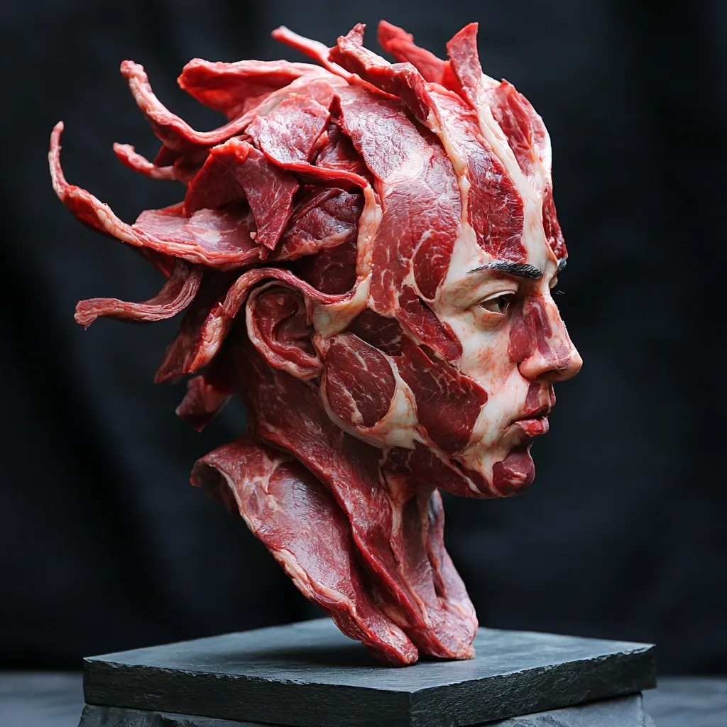 A striking bust sculpture is crafted entirely from meticulously arranged slices of raw red meat.  The meat forms a human-like head and shoulders, with the slices creating a textured, almost muscular appearance. The hairstyle is a dramatic, spiky arrangement of the meat, adding to the overall surreal and slightly unsettling effect. The sculpture rests on a dark, slate-like base.