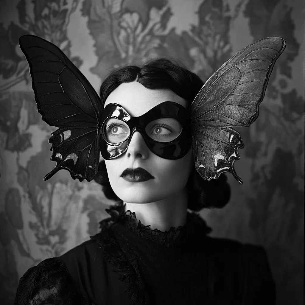 A black and white portrait of a woman wearing an elegant black mask shaped like a butterfly.  The mask covers her eyes and part of her face. Her dark hair is styled in a classic fashion.  She is dressed in a dark, lacy garment, adding to the mysterious and somewhat gothic aesthetic. The background is a blurred floral pattern. The overall image evokes a sense of mystery and vintage glamour.