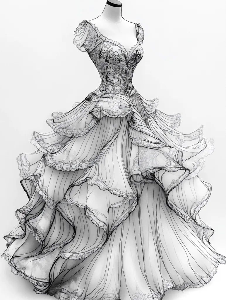 A meticulously detailed line drawing depicts a ball gown on a mannequin. The dress features a fitted bodice with intricate lace detailing and a voluminous skirt composed of numerous ruffled layers, also adorned with lace. The style suggests a romantic or vintage aesthetic.  The artist's focus is on the texture and flow of the fabric, created solely through precise linework. The overall effect is elegant and ethereal.