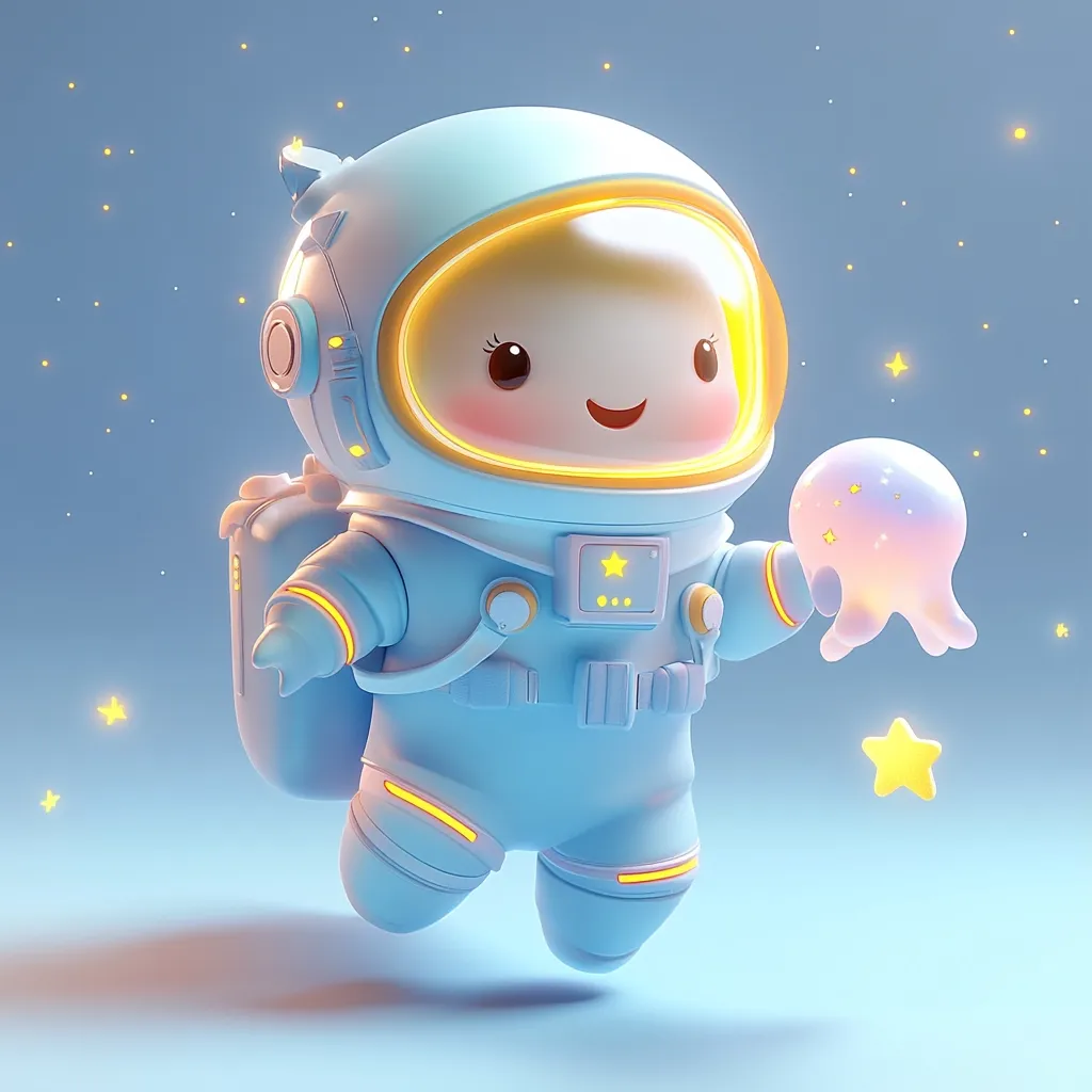 A cute, cartoon astronaut, rendered in 3D, floats through a pastel blue space.  The astronaut, in a light blue spacesuit with glowing yellow accents, holds a small, glowing jellyfish-like creature.  Stars twinkle in the background, creating a whimsical and dreamy atmosphere. The astronaut has a cheerful expression, enhancing the overall sweet and innocent vibe of the image.