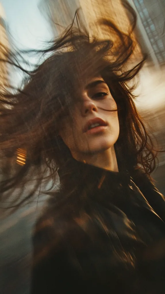 A young woman with long, dark brown hair is captured in a dynamic shot. Her hair is wildly tossed, suggesting movement and wind.  Her face is partially obscured by her flowing locks, yet her expressive eyes and full lips are visible. She wears a dark jacket, adding to the moody atmosphere of the image, which is likely taken outdoors in an urban setting. The overall impression is one of youthful energy and freedom.