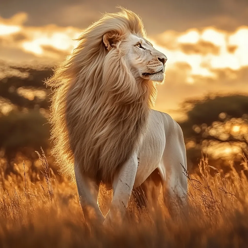 A majestic white lion stands in tall golden grass, bathed in the warm glow of a setting sun.  Its magnificent mane flows in the breeze, creating a striking silhouette against the vibrant sky. The lion's gaze is directed towards the horizon, conveying a sense of power and serenity. The scene evokes a feeling of wild beauty and the untamed African landscape.