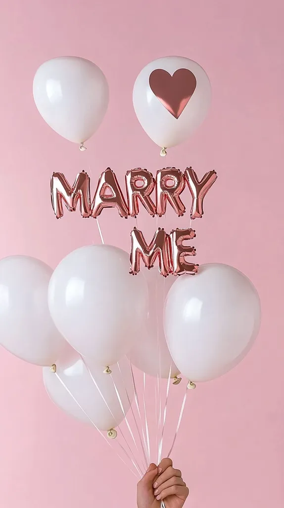 A hand holds a bunch of white balloons against a pink background.  Rose gold foil balloons spelling "Marry Me" and a rose gold heart balloon are included in the bouquet. The scene is romantic and suggestive of a marriage proposal.  The overall aesthetic is clean, simple, and elegant.