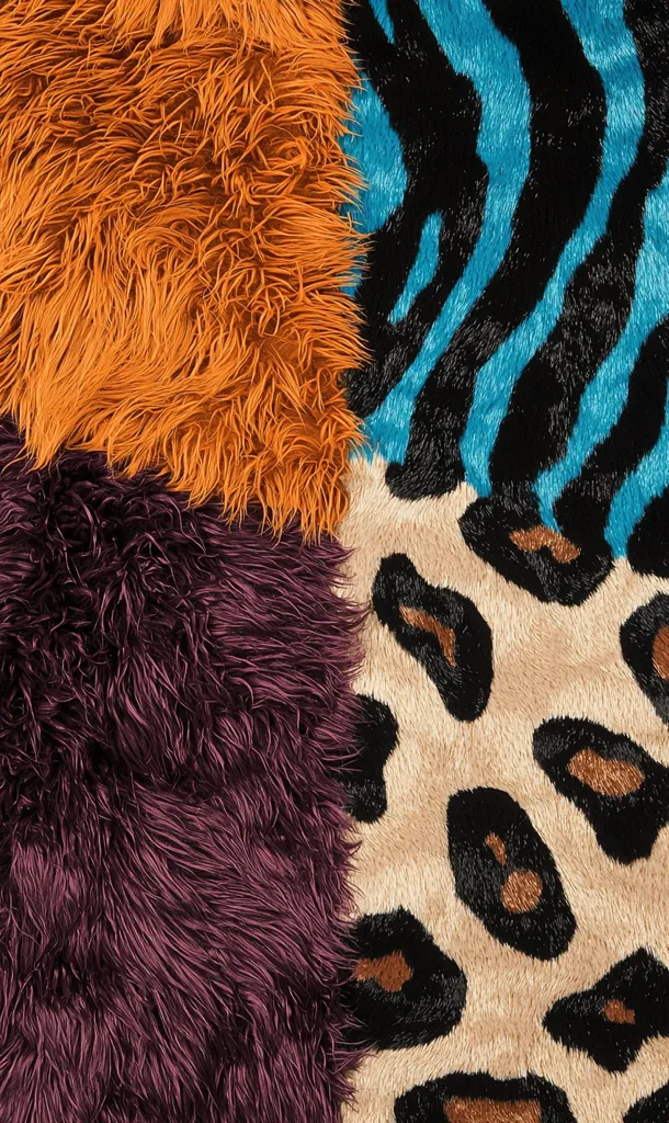 A close-up shot reveals a vibrant textile featuring a patchwork of textures and animal prints.  Sections of fluffy faux fur in burnt orange, deep purple, and a beige leopard print are juxtaposed against a turquoise and black zebra stripe pattern. The fabrics are plush and seemingly soft, creating a visually striking and tactile combination.