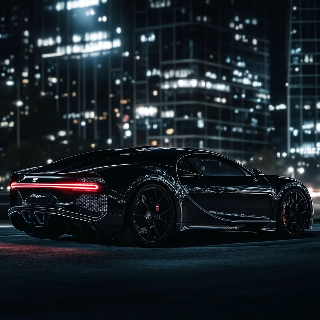 A sleek, black Bugatti Chiron Pur Sport is parked on a city street at night. The car's taillights glow brightly against the blurred backdrop of illuminated skyscrapers.  The image emphasizes the car's curves and sophisticated design, showcasing its powerful presence in the urban environment. The dark tones and city lights create a dramatic and luxurious atmosphere.