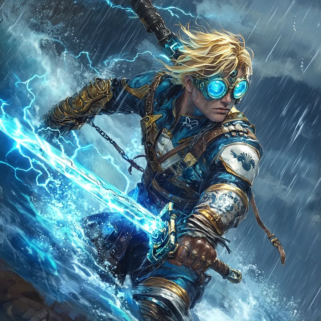A blond-haired warrior, clad in blue and gold steampunk-inspired armor, wields a glowing blue energy sword.  He wears goggles with bright blue lenses and stands amidst a stormy sea, electricity crackling around his weapon. The rain lashes down, creating a dramatic and powerful scene. His determined expression and the energy coursing through his blade suggest intense combat.