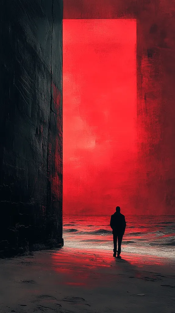 A solitary figure, silhouetted against a vibrant red sky, stands on a beach.  A dark, imposing structure partially frames the scene, creating a stark contrast between the black wall and the fiery red backdrop. The ocean waves gently lap the shore, reflecting the intense crimson hue. The overall mood is contemplative and slightly melancholic.