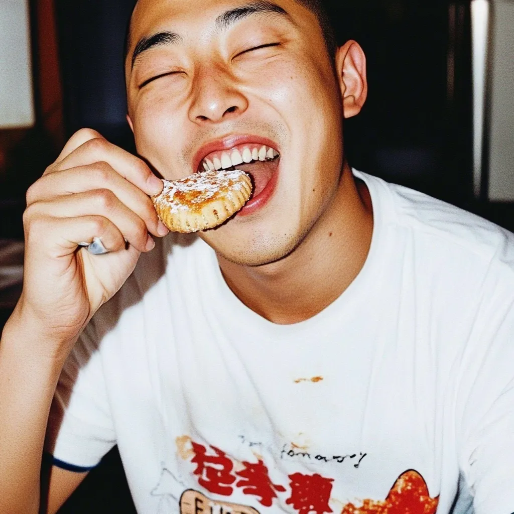 A young man with short, dark hair and tan skin smiles broadly as he takes a large bite of a round, powdered cookie. He wears a white t-shirt with red Chinese characters and a graphic design.  His eyes are closed in pleasure, and he holds the cookie with both hands.  The image has a slightly grainy, vintage aesthetic.