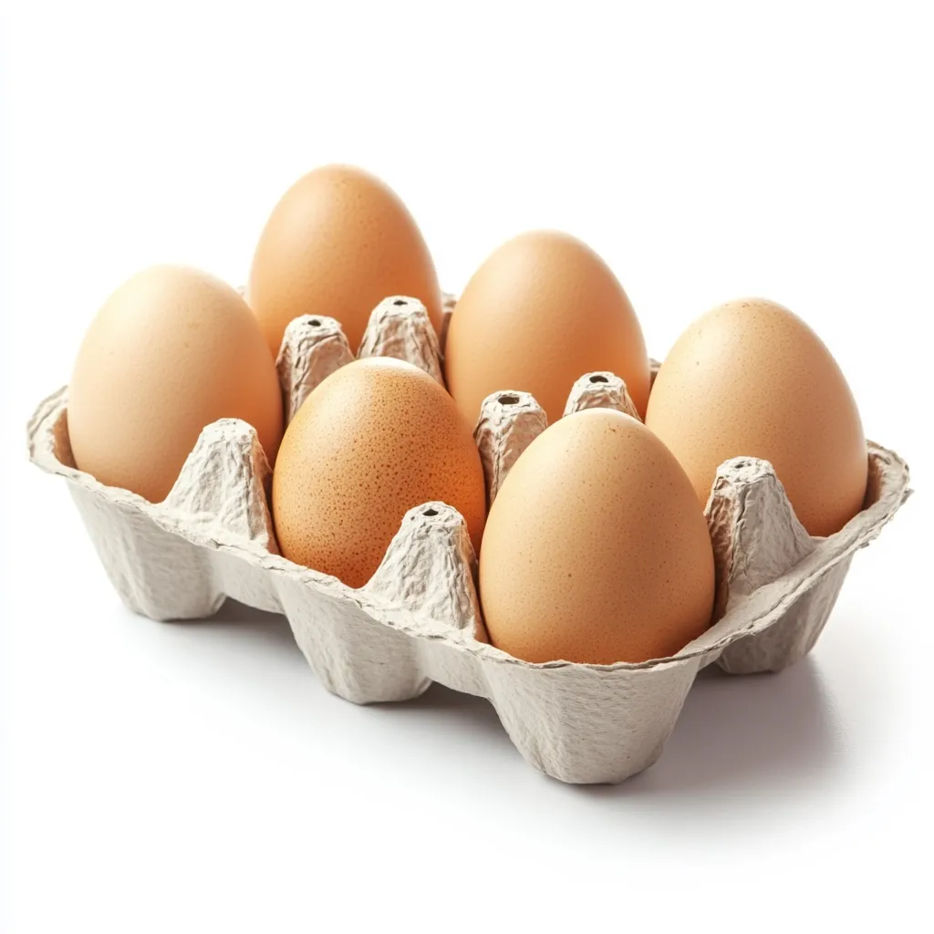 Six brown eggs sit nestled in a light beige cardboard egg carton. The carton is slightly angled, showcasing the eggs' smooth, speckled surfaces.  The eggs are uniformly sized and colored, suggesting they may be from the same hen.  The image is set against a clean white background, highlighting the carton and its contents.