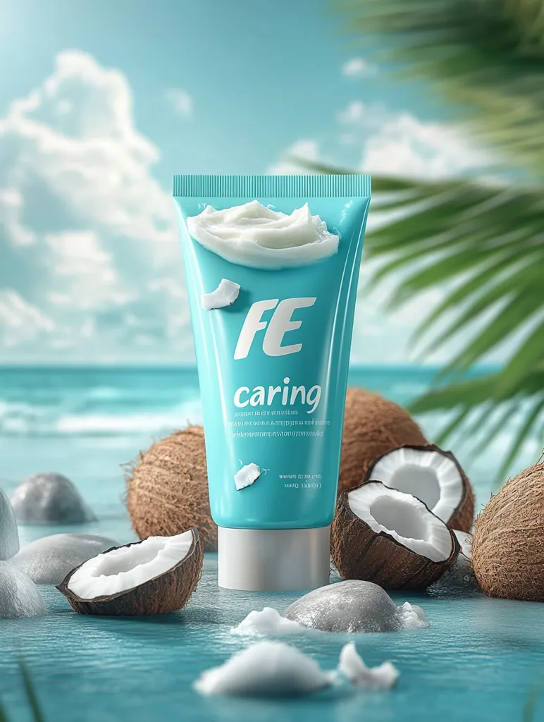 A teal tube of "FE caring" cream sits on a turquoise surface amongst halved coconuts and smooth stones.  The background features a blurred beach scene with a bright blue sky and palm leaves.  A dollop of white cream is visible on the tube's opening. The overall aesthetic is tropical and relaxing, emphasizing the product's connection to nature.