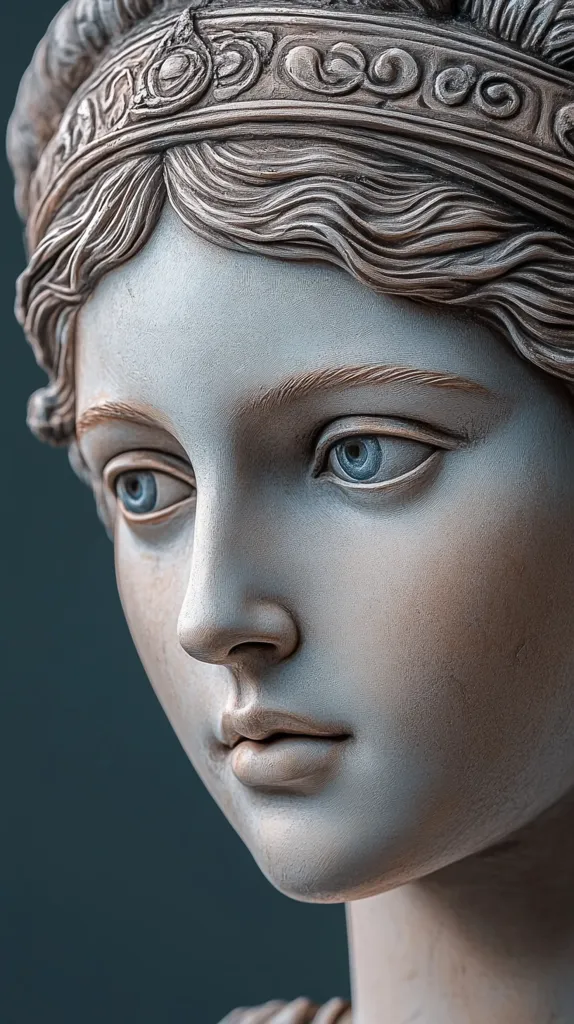 A close-up of a classical bust depicts a serene woman, adorned with an intricately carved crown.  Her face, meticulously detailed, shows subtle features and a pensive expression. The statue's pale, slightly warm tone suggests a material like marble or painted stone. The soft light accentuates the texture and depth of the sculpted hair and crown.  The overall impression is one of timeless beauty and quiet dignity.