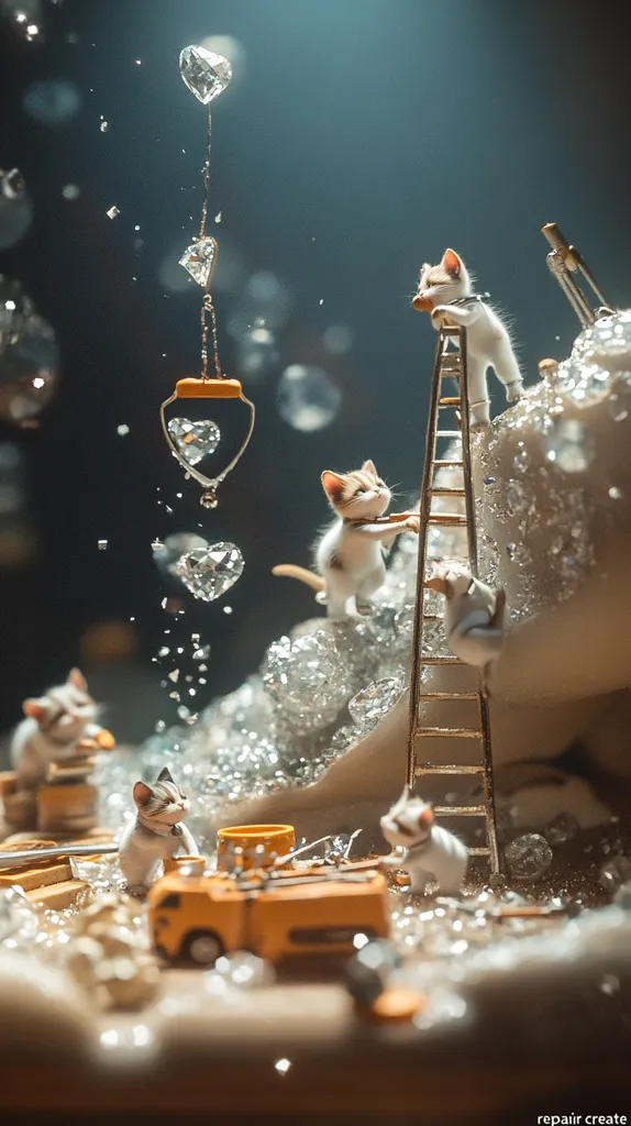 Miniature cats are depicted working amidst a sparkling, crystalline landscape.  One cat ascends a tiny ladder, while others operate miniature construction vehicles near a heart-shaped diamond mobile.  The scene is whimsical and detailed, creating a magical, almost surreal atmosphere.  Bubbles and glittering particles surround the cats, enhancing the fantasy element.