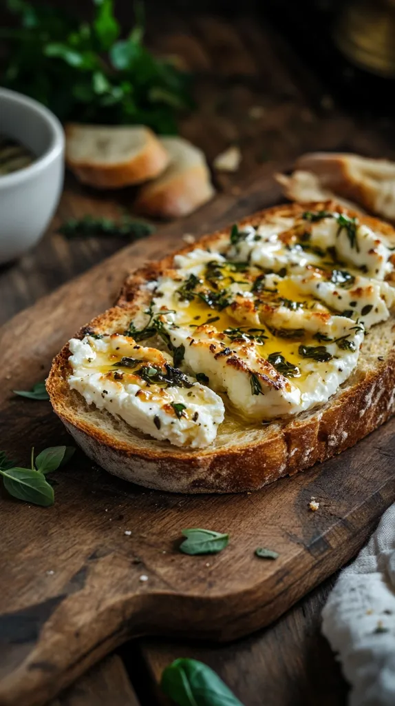 A rustic wooden board holds a slice of toasted bread topped with creamy, melted goat cheese.  The cheese is drizzled with olive oil and sprinkled with fresh herbs.  More toasted bread and fresh herbs are visible in the background, creating a warm, inviting, and appetizing scene.  The overall style is dark and moody, emphasizing the textures and flavors of the food.