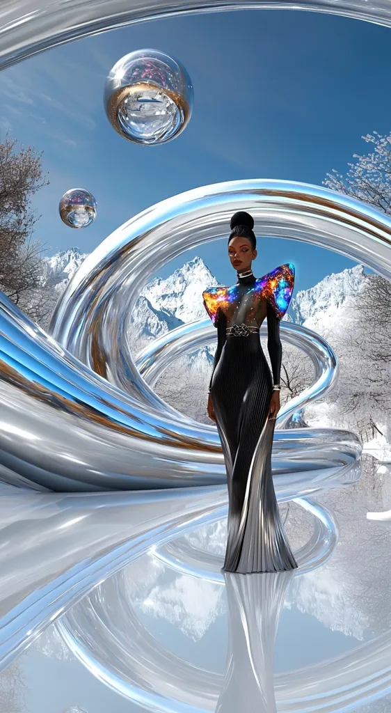 A Black woman in a futuristic, galaxy-themed gown stands amidst a surreal, metallic landscape.  Large, reflective silver tubes curve around her, mirroring the snowy mountains and clear sky in the background.  Floating orbs add to the otherworldly atmosphere. The scene is digitally rendered, blending elements of fashion, nature, and science fiction.
