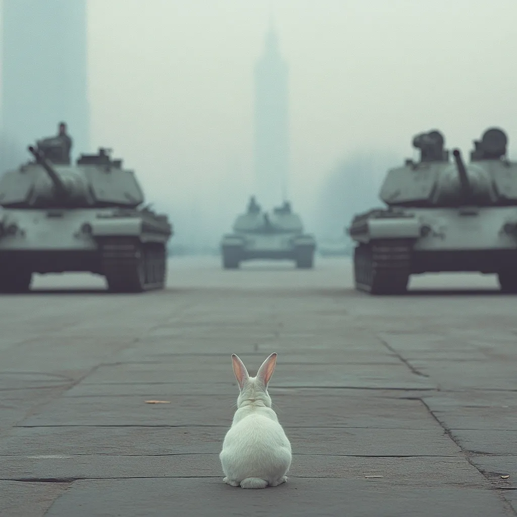 A white rabbit sits on a paved road, its back to the viewer.  In the background, three military tanks are visible, two large ones flanking a smaller one in the distance.  A tall building is faintly seen through the fog, creating a surreal and unsettling juxtaposition of innocence and military might. The overall atmosphere is somber and muted.