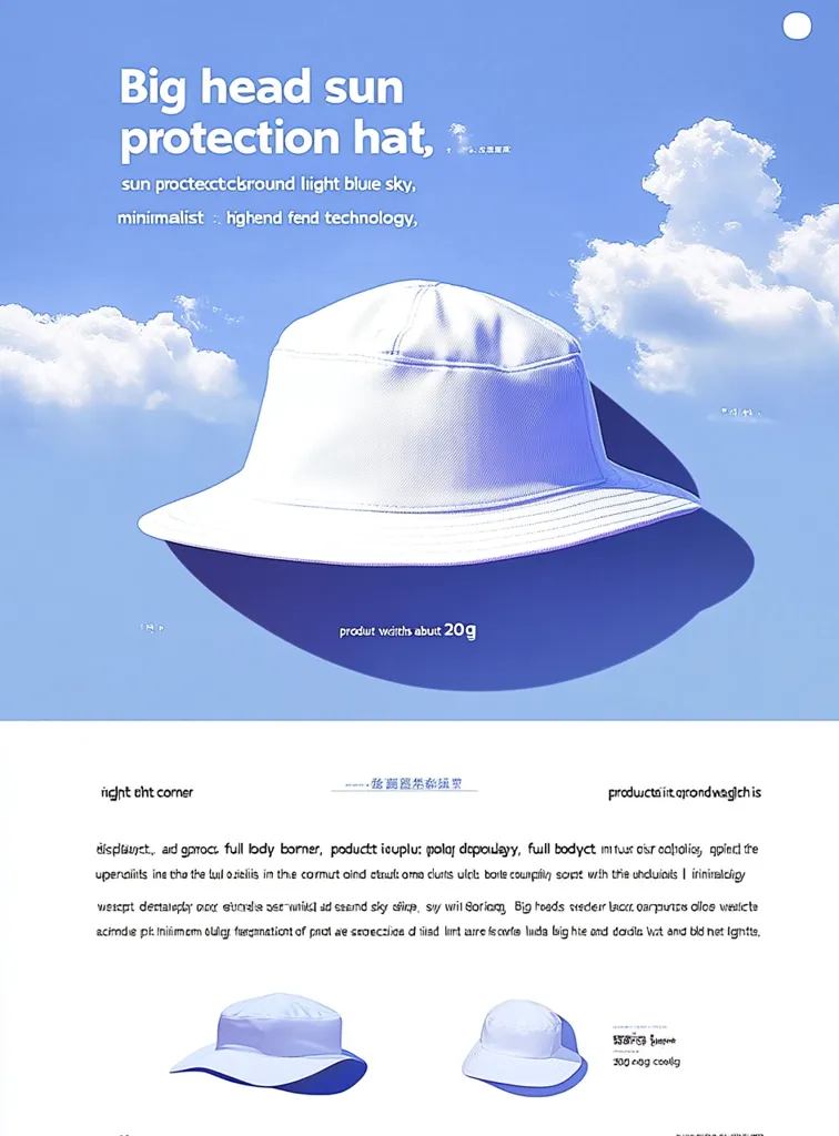 This product advertisement showcases a minimalist, light blue sun hat.  The hat is described as lightweight (around 20g), offering sun protection.  The image depicts the hat against a light blue sky with fluffy clouds.  Marketing emphasizes high-end technology and a big head-friendly design.  Additional text provides further details, though partially obscured.