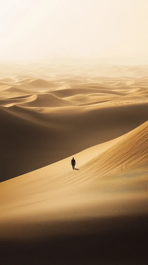 A lone figure walks across a vast, undulating desert landscape under a bright, hazy sky.  The sand dunes stretch to the horizon, creating a sea of golden color.  The small silhouetted person emphasizes the immensity and solitude of the desert environment. The scene evokes feelings of isolation, journey, and the power of nature.