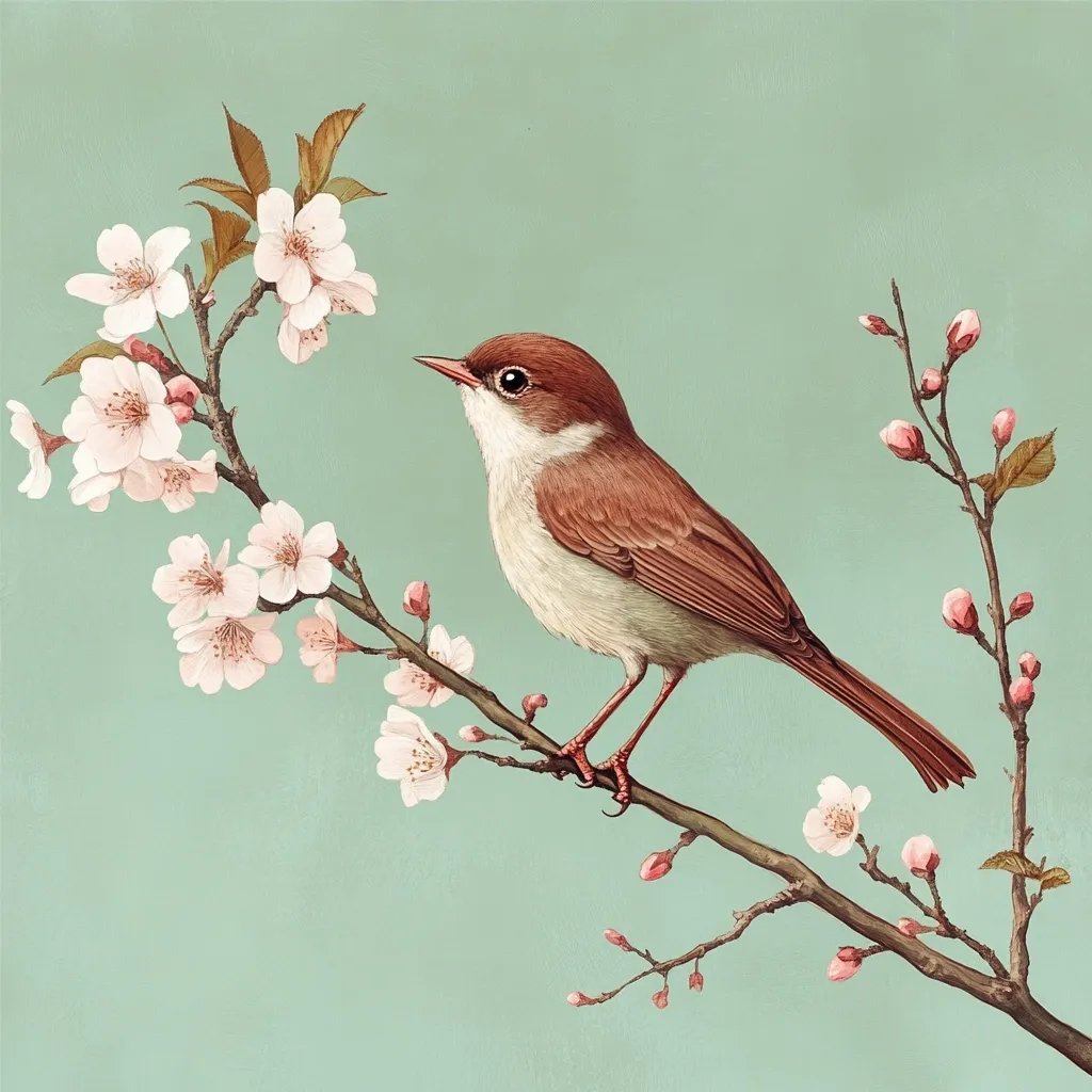 A delicate illustration depicts a small brown bird perched on a blossoming branch.  Pale pink cherry blossoms surround the bird, creating a serene and peaceful spring scene. The bird's brown plumage contrasts beautifully with the soft pink flowers and the muted teal background, conveying a sense of tranquility. The style is reminiscent of botanical illustration, detailed and precise.