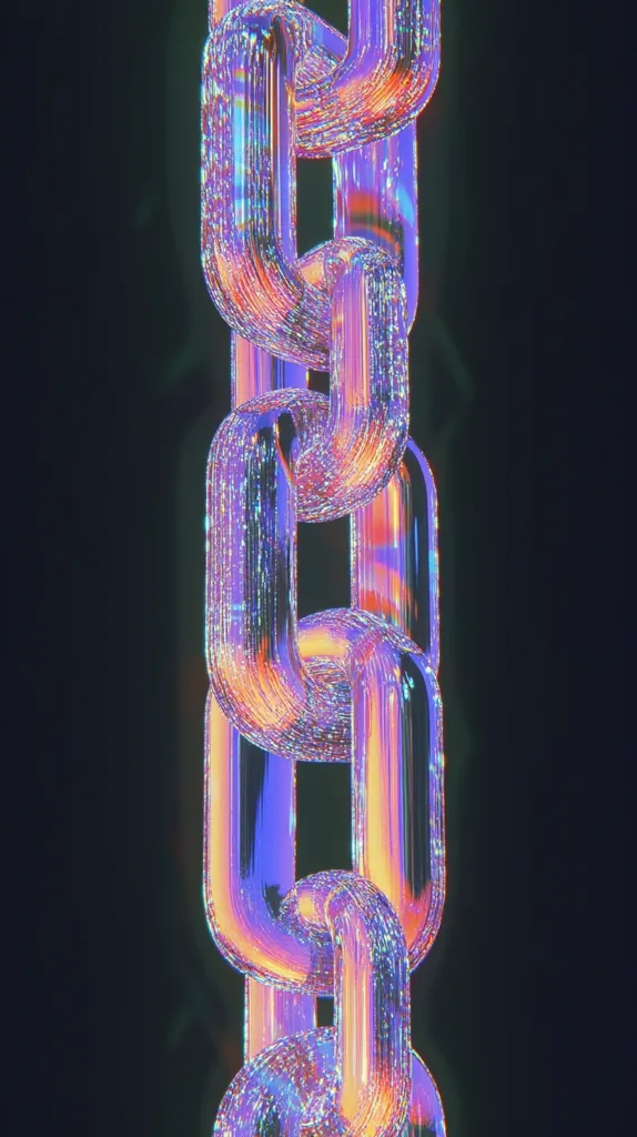 A vibrant, iridescent chain hangs vertically against a dark background.  Each link is rendered with a glossy, three-dimensional effect, shimmering with internal light and a blend of purple, orange, and blue hues.  The chain appears to be digitally created, with a glittery, almost pixelated texture adding to its otherworldly quality.  The image evokes a sense of futuristic technology or digital artistry.