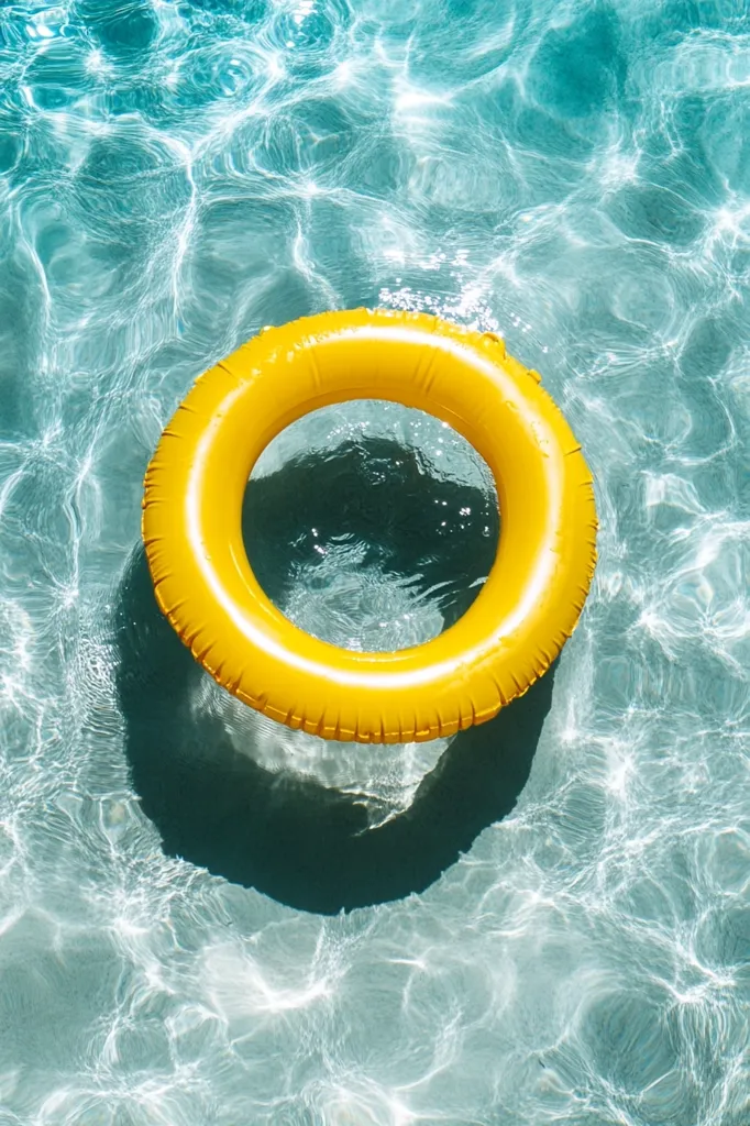 A vibrant yellow inflatable ring floats serenely in a sparkling turquoise swimming pool.  The water shimmers with sunlight, reflecting a tranquil summer scene. The ring's bright color contrasts beautifully with the cool blues of the pool, creating a cheerful and inviting image of summer relaxation.