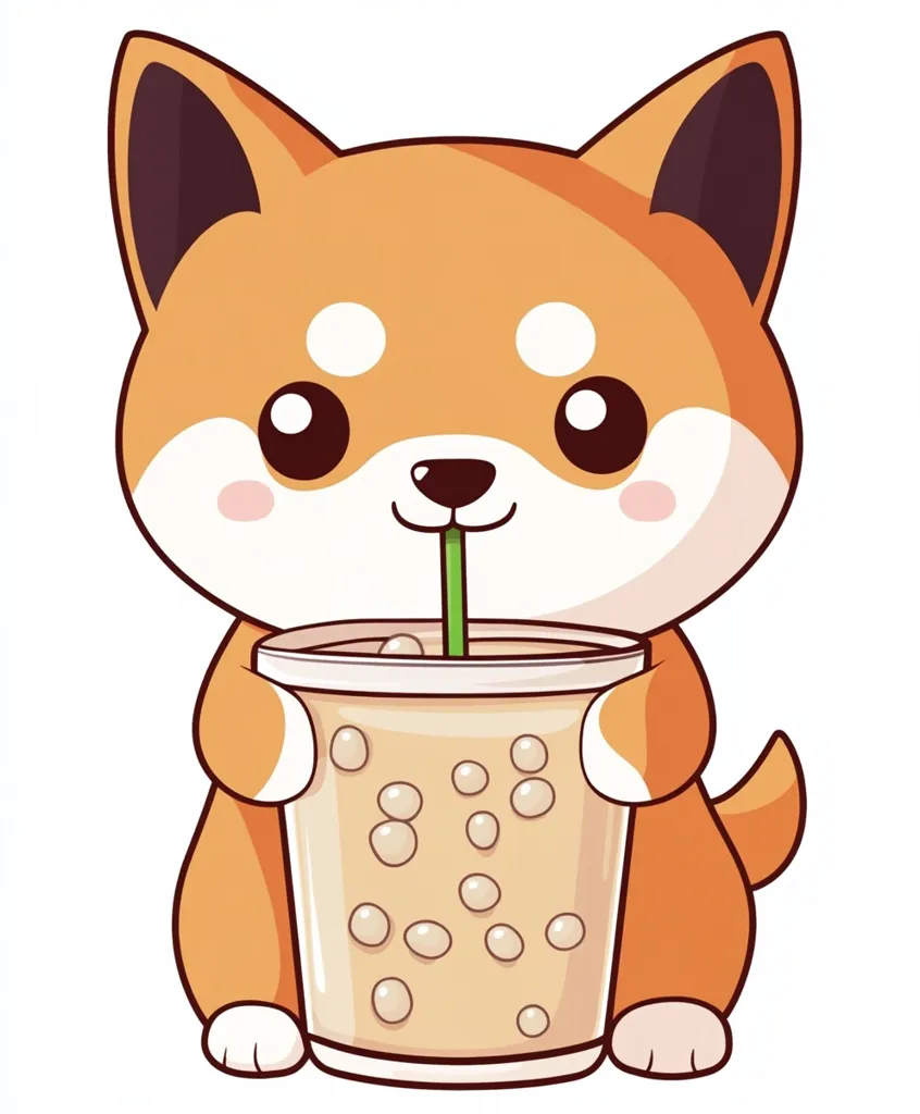 An adorable cartoon Shiba Inu puppy holds and sips from a large cup of boba tea.  The puppy has large, expressive eyes and a cheerful expression. The boba tea is light brown with visible boba pearls.  The illustration is in a cute, chibi style with soft colors and outlines.