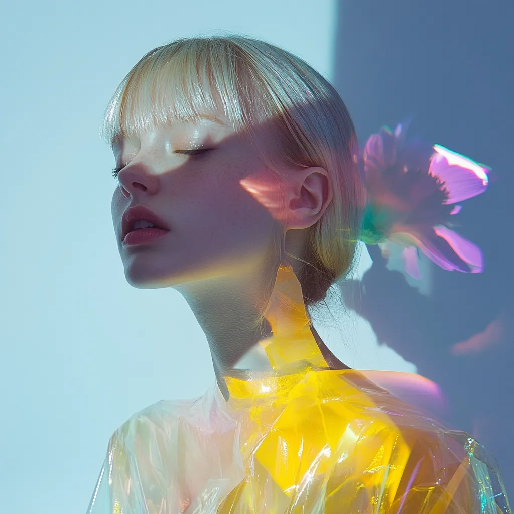 A fair-skinned woman with platinum blonde hair and bangs poses with her eyes closed against a pale blue backdrop. She wears a translucent yellow garment that shines. Light casts colorful shadows around her; a petal-like shape appears on the wall behind her head, with vibrant pink and purple hues. A stripe of warm light hits her forehead and nose, creating a contrast with the cool tones of the backdrop. Her expression is serene, adding to the ethereal quality of the portrait.