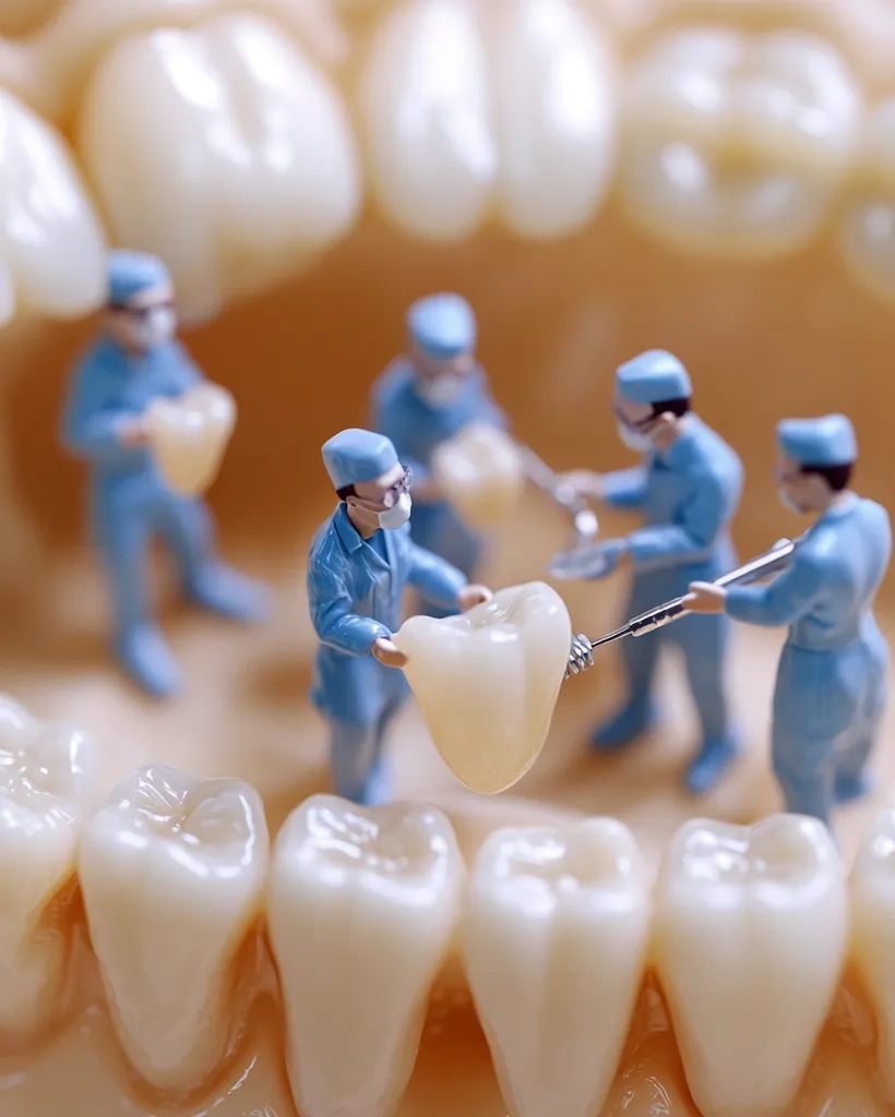 Miniature surgeons in blue scrubs meticulously work on a large model tooth.  They use tiny instruments to carefully place a new crown. The scene is detailed and focuses on the precision of the dental procedure. The background is blurred, drawing attention to the miniature figures and their task. The overall image is a creative representation of dental work.