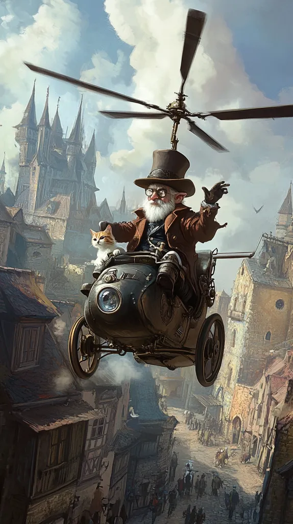 A whimsical illustration depicts a bearded gnome in a top hat piloting a steampunk-style helicopter-car.  A ginger cat sits beside him.  The vehicle flies over a medieval-looking town with cobblestone streets and aged buildings.  The scene blends fantasy and technology, creating a unique, adventurous atmosphere.