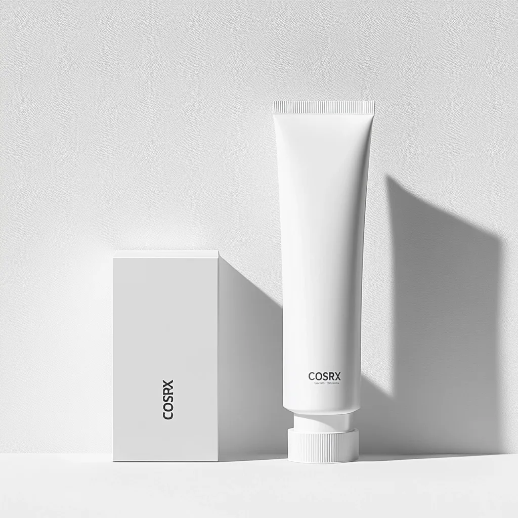 A minimalist product shot shows a white COSRX tube of skincare cream next to a matching white box against a white textured background.  The lighting creates dramatic shadows, highlighting the clean design and branding. The image emphasizes simplicity and elegance.  The COSRX logo is subtly displayed on both the tube and box.