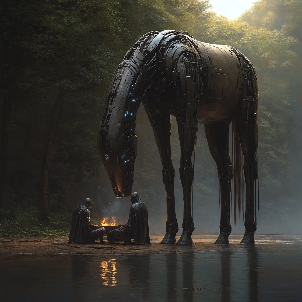 A colossal, mechanical horse, constructed from dark metal and accented with glowing blue lights, stands over two cloaked figures huddled around a small fire on a riverbank.  The scene is set within a shadowy, mystical forest at twilight.  The contrast between the ancient, natural setting and the futuristic equine creates a surreal and awe-inspiring image.