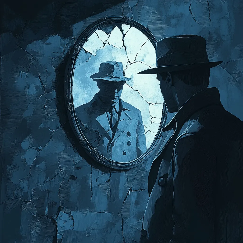 A man in a fedora gazes into a cracked oval mirror, revealing a shadowy reflection of himself in similar attire. The setting is a dimly lit, decaying room, emphasizing a sense of mystery and intrigue.  The cracked mirror suggests a fractured identity or a broken past, adding to the noir atmosphere of the piece. The overall monochromatic color palette enhances the mood.