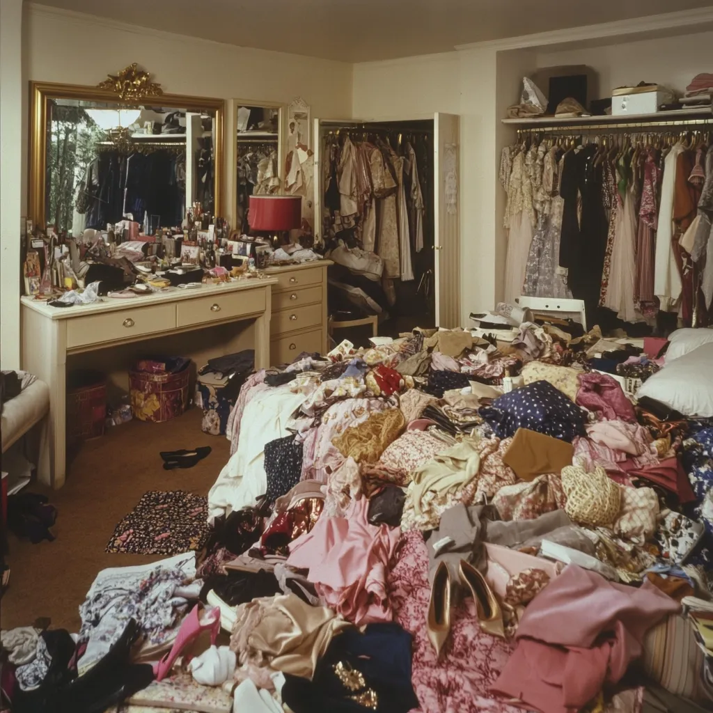 A bedroom is overflowing with clothes and belongings. A vanity table laden with cosmetics and accessories sits near a large, mirrored wardrobe brimming with dresses. The bed is completely buried under a massive pile of clothing, shoes, and handbags, creating a scene of extreme clutter and disorganization.  The overall impression is one of chaotic abundance.