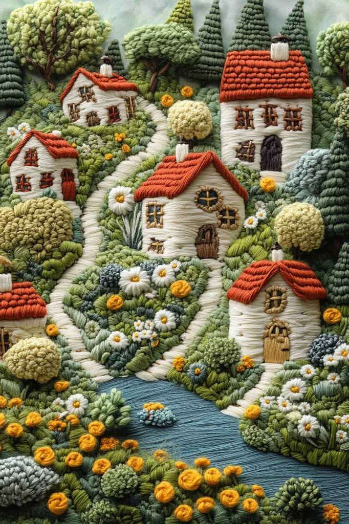 A vibrant embroidered artwork depicts a whimsical village nestled in a lush landscape.  Small houses with red roofs line a winding path bordered by blooming flowers and verdant bushes.  A tranquil pond adds to the idyllic scene, crafted with meticulous detail using various textures and colors of thread to create a three-dimensional effect. The overall impression is one of charming rusticity and peaceful beauty.