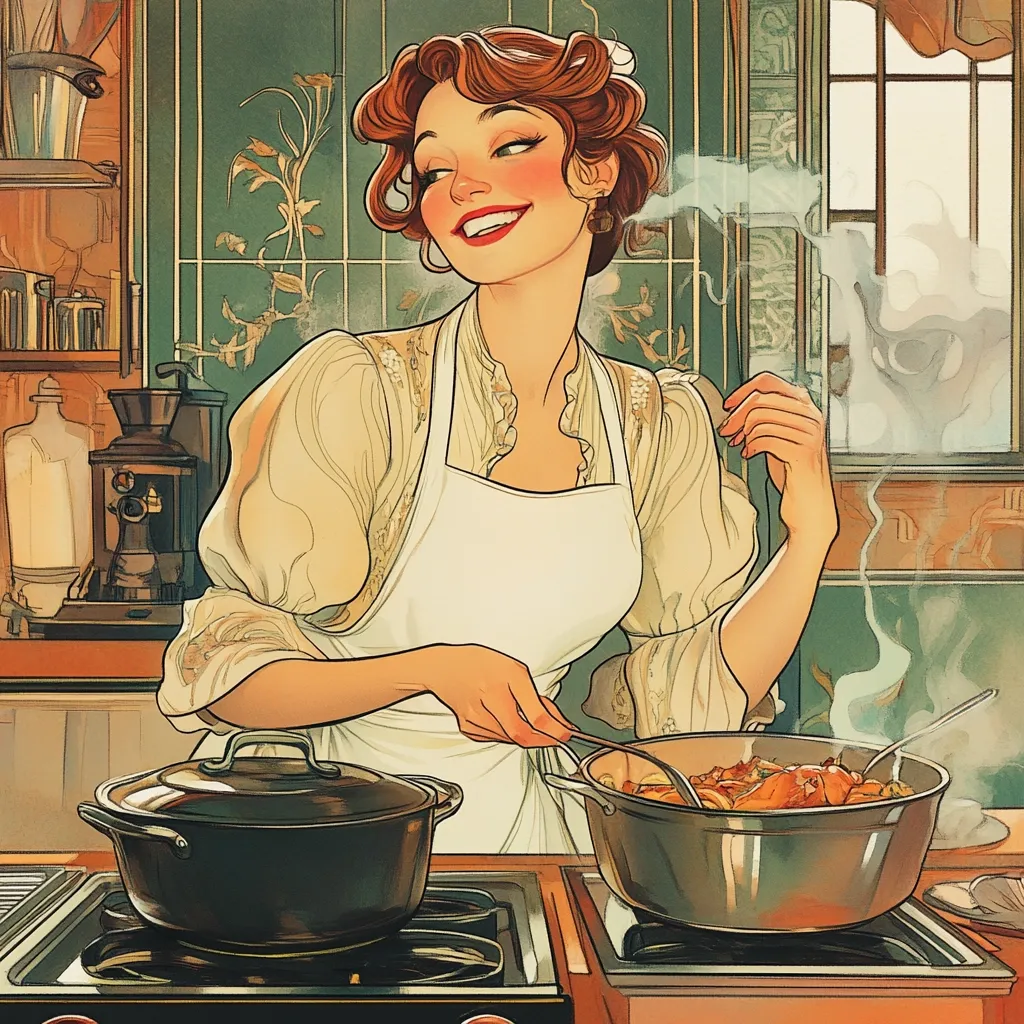 A stylish woman with auburn hair, wearing a cream blouse and apron, is happily cooking in a vintage kitchen. Steam rises from a pot of food on the stove, while another pot sits nearby. The kitchen features Art Nouveau-style tiles and cabinetry, creating a warm, inviting atmosphere.  Her confident smile suggests culinary expertise and enjoyment.