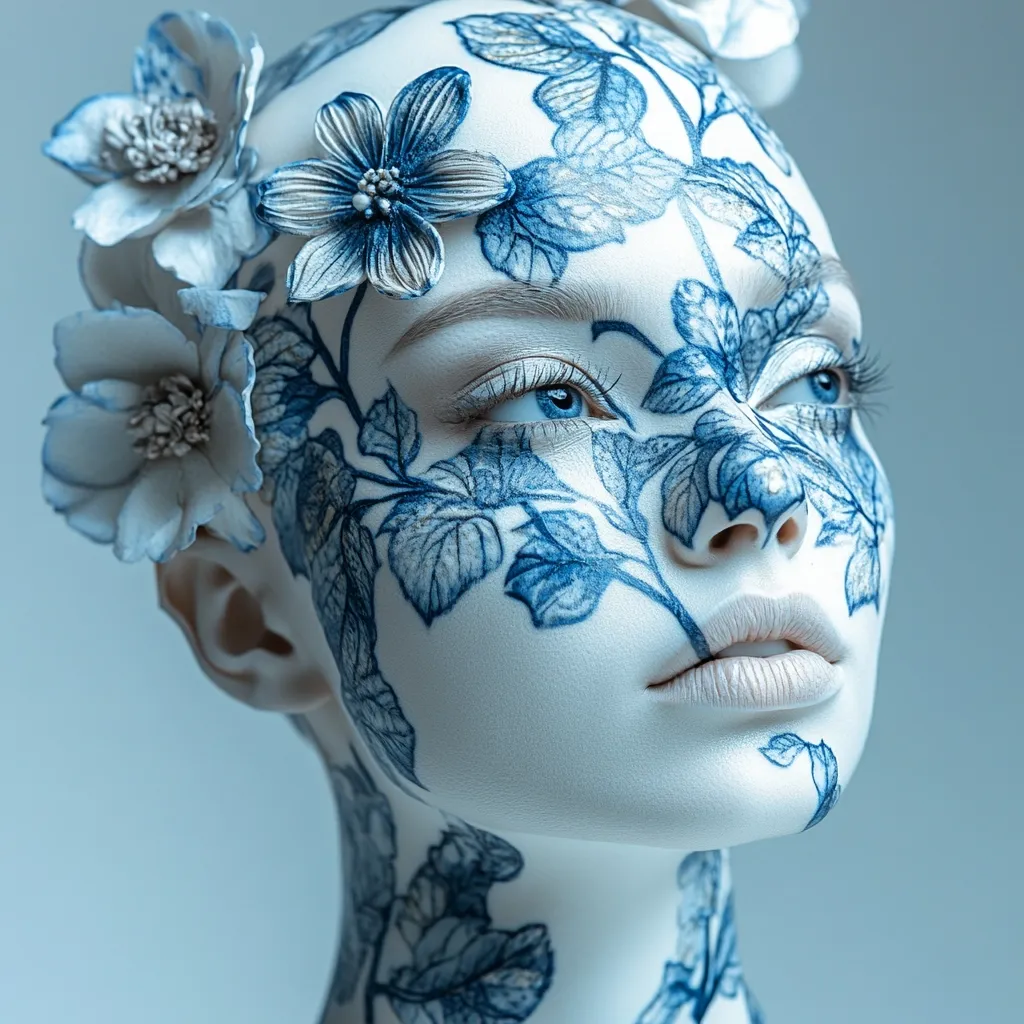 A woman's face is adorned with intricate blue floral body paint, resembling a porcelain design.  Delicate, light-blue flowers form a crown around her head. Her pale skin and serene expression create a striking contrast against the bold blue pattern. The overall aesthetic is ethereal and artistic, suggesting a blend of nature and artistry.