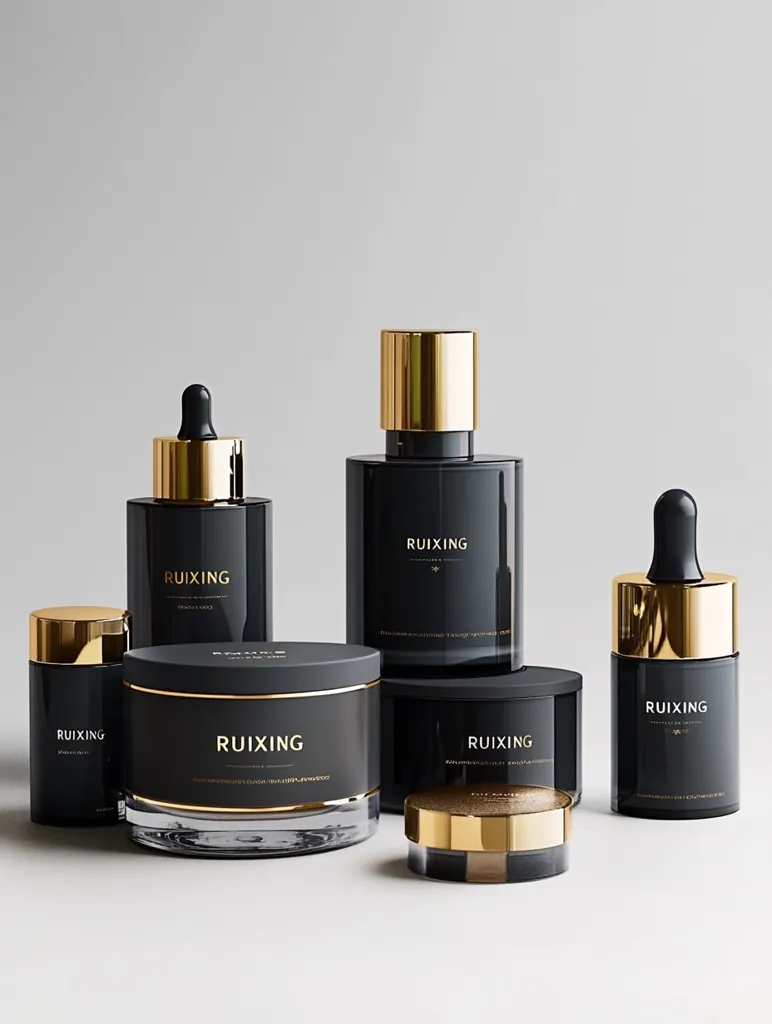 A collection of RUIXING skincare products is displayed.  The elegant packaging features sleek black bottles and jars with gold accents.  The range includes serums in dropper bottles, a cream in a jar, and smaller containers, possibly for eye cream or a specialized treatment.  The minimalist design emphasizes luxury and sophistication.