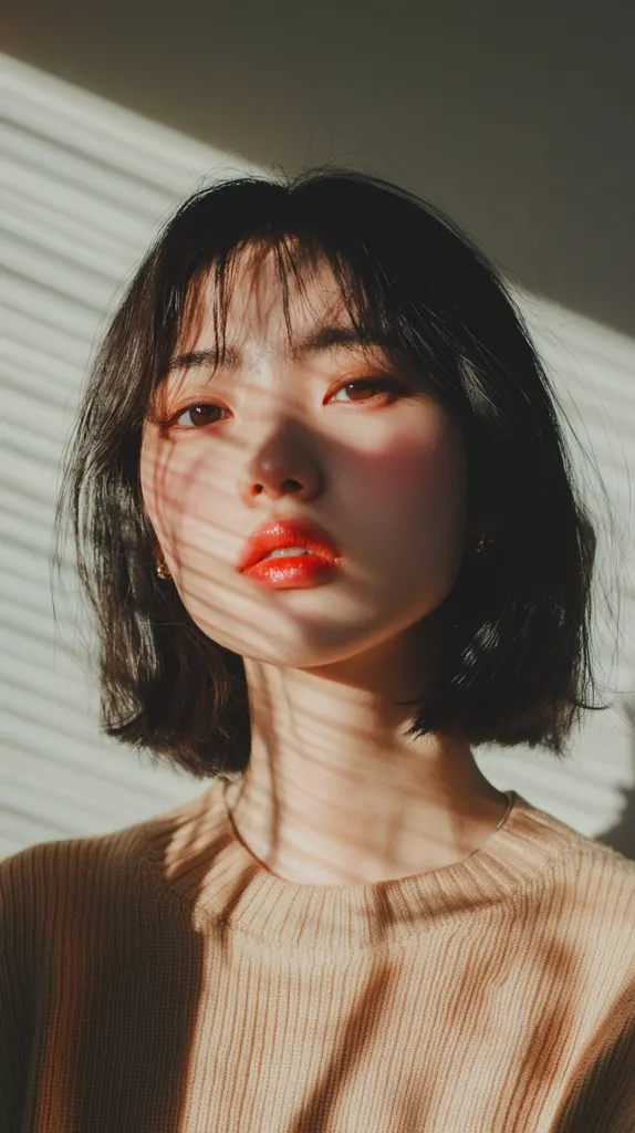 A young woman with a short, dark bob hairstyle is captured in a close-up shot.  Sunlight streams through a window, casting shadows across her face and the light beige sweater she wears.  Her makeup is subtle, with a focus on peachy tones and a soft orange-red lipstick. The overall aesthetic is soft, warm, and slightly melancholic.