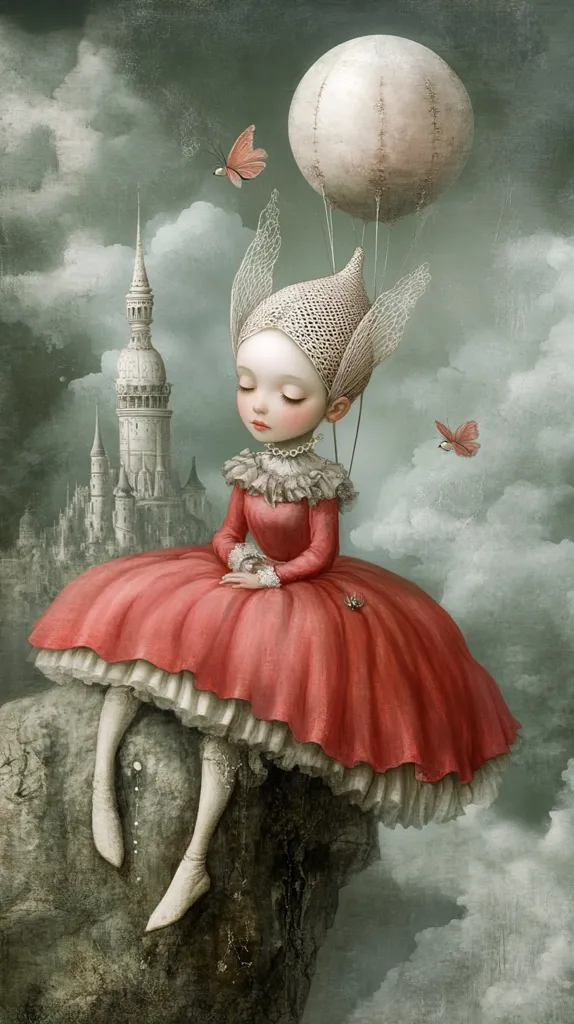 A wistful porcelain doll, adorned in a coral gown and bonnet, sits perched on a rock.  A tethered hot air balloon floats above her, and delicate butterflies dance in the misty sky.  A distant fairytale castle is visible in the background, adding to the dreamlike quality of the scene.  Her expression is serene, yet melancholic, hinting at a story untold.