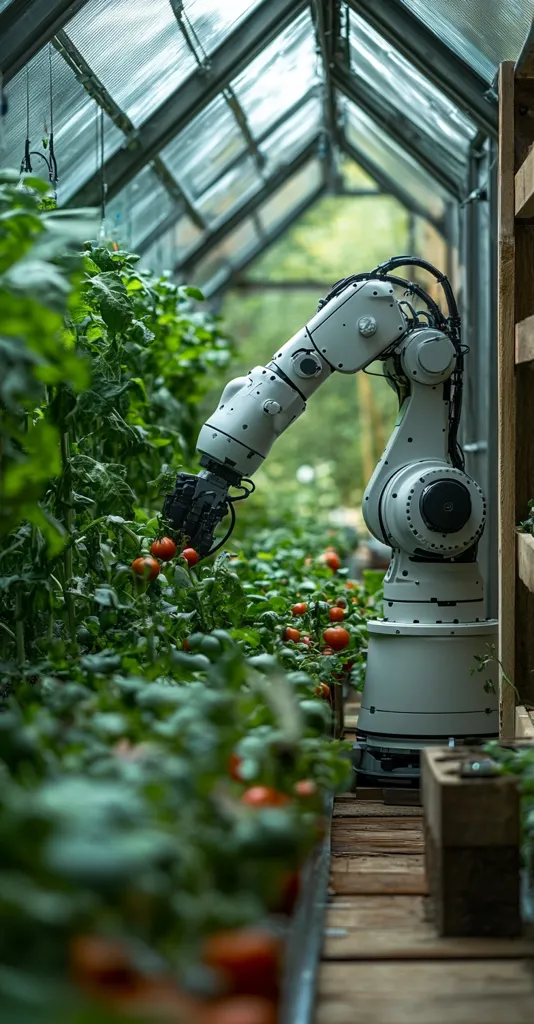 A robotic arm harvests ripe red tomatoes within a modern glass greenhouse. The arm, light gray in color, delicately picks the tomatoes from lush green plants. The greenhouse's glass structure allows ample natural light, fostering optimal plant growth.  The scene depicts innovative agricultural technology, combining automation with traditional horticulture.