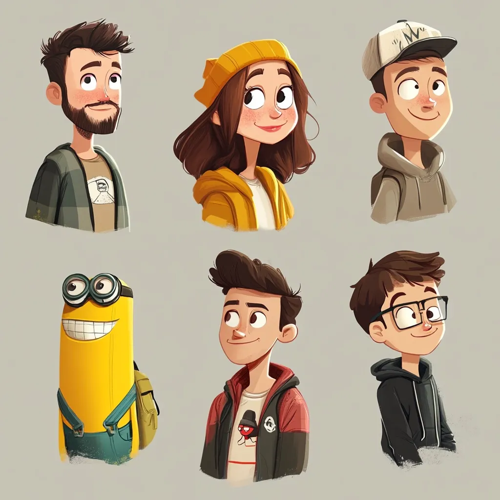 A collection of six stylized character portraits.  Three are young adults: a bearded man, a woman in a yellow hat, and a young man in a baseball cap.  Two boys with different hairstyles and clothing are also depicted. Lastly, a cheerful Minion adds a playful element to the lineup.  The artwork is digitally painted with a soft, cartoonish style.
