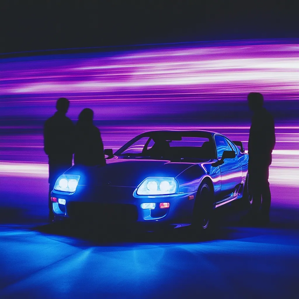 A vibrant, stylized image depicts a sleek, blue sports car bathed in neon purple and blue light.  Two silhouetted figures stand beside it, one male and one female, their forms barely discernible against the dynamic, blurred background.  The scene evokes a retro-futuristic aesthetic, reminiscent of 80s synthwave imagery, emphasizing the car as a central focus of attention.