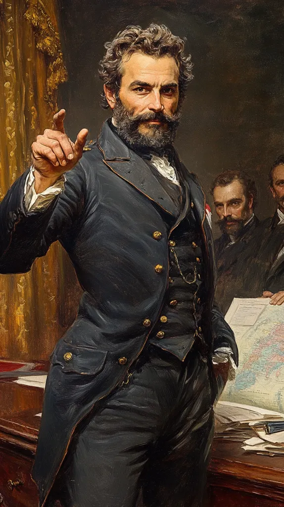 A striking portrait of a man, possibly a military officer, with a thick beard and curly hair, is presented. He wears a dark double-breasted coat adorned with gold buttons, a crisp white shirt, and a dark waistcoat. His hand gestures emphatically, suggesting a moment of command or explanation.  Two other men, less prominently featured, are visible in the background, contributing to a sense of authority and importance surrounding the central figure.  A map or document rests on a nearby table, hinting at a strategic or political context. The painting's style suggests realism or historical portraiture.